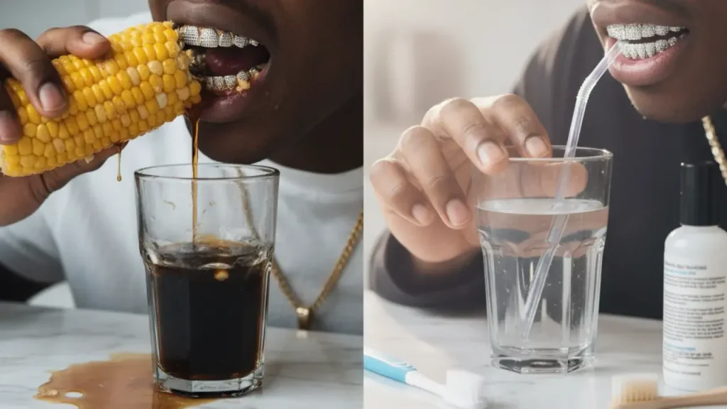 Drinking coffee with grillz: gold grillz and a coffee cup