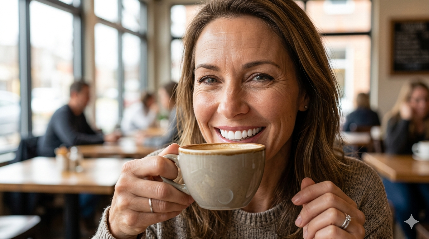 Drinking coffee with grillz: gold grillz and a coffee cup